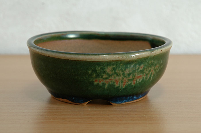 國井正子盆栽鉢のベストセレクション｜織部釉丸盆栽鉢（Oribe glaze bonsai pot）0002・Syoko Kunii bonsai pot of Best Selection