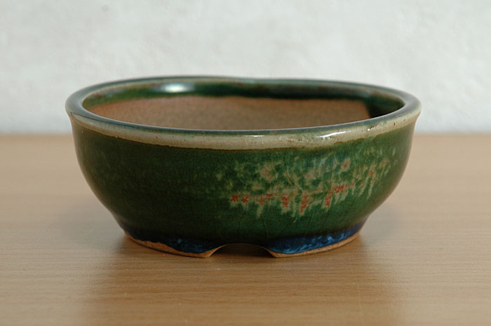 織部釉丸盆栽鉢（Oribe glaze bonsai pot）p0002-1・Syoko Kunii bonsai pot of Best Selection｜國井正子盆栽鉢作家のベストセレクション