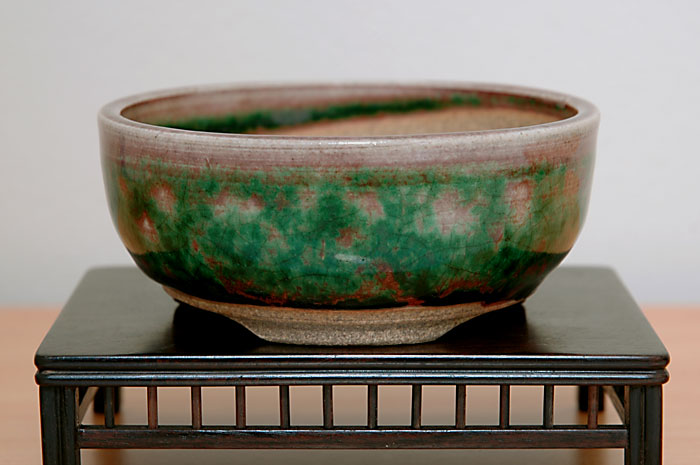 織部釉丸盆栽鉢（Oribe glaze bonsai pot）p0004-1・Syoko Kunii bonsai pot of Best Selection｜國井正子盆栽鉢作家のベストセレクション