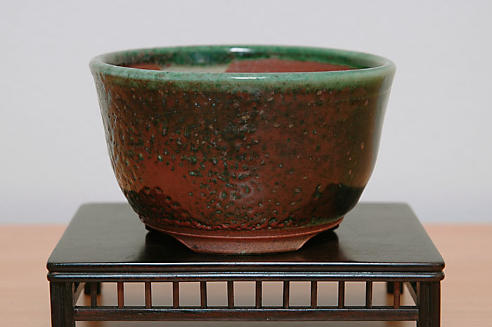 國井正子盆栽鉢のベストセレクション｜織部釉丸盆栽鉢（Oribe glaze bonsai pot）0005・Syoko Kunii bonsai pot of Best Selection