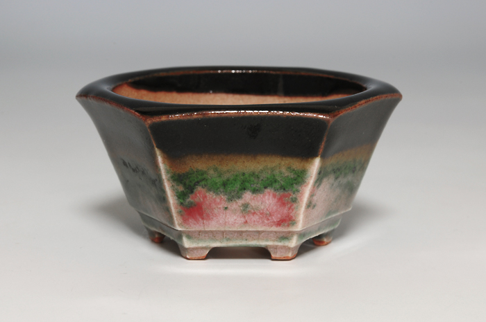 織部釉六角盆栽鉢（Oribe glaze bonsai pot）0167-1・Syoko Kunii bonsai pot of Best Selection｜國井正子盆栽鉢作家のベストセレクション