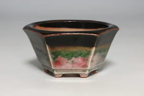 織部釉六角盆栽鉢-0167｜國井正子盆栽鉢作家｜Syoko kunii Bonsai Pot artist