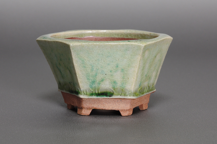 緑いらぼ釉六角盆栽鉢（Irabo green glaze bonsai pot）0168-1・Syoko Kunii bonsai pot of Best Selection｜國井正子盆栽鉢作家のベストセレクション