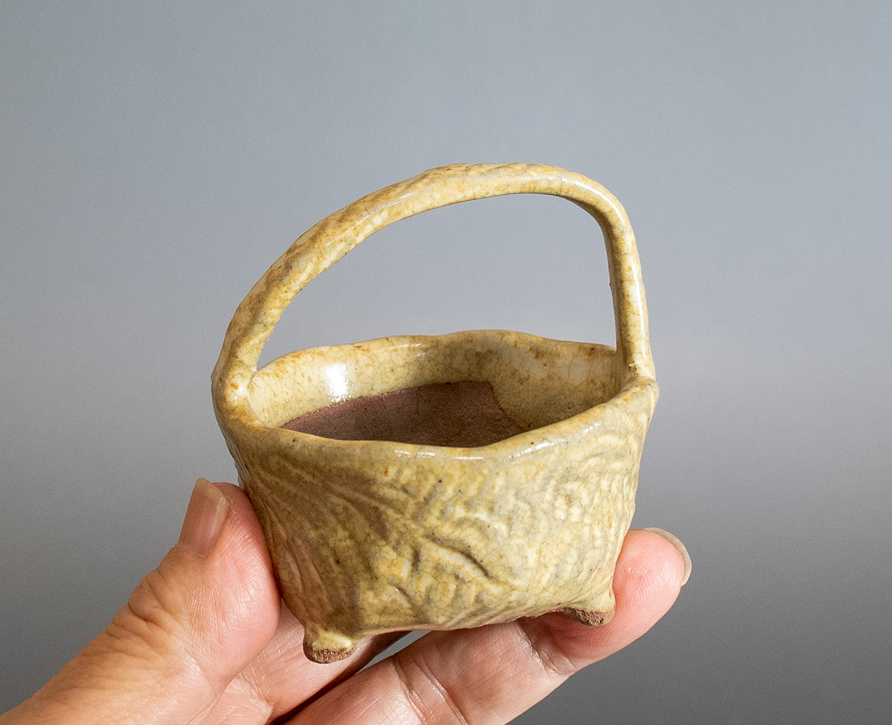 うのふ釉手付き盆栽鉢（Unofu glaze bonsai pot）p1175-4・Syoko Kunii bonsai pot of Best Selection｜國井正子盆栽鉢作家のベストセレクション