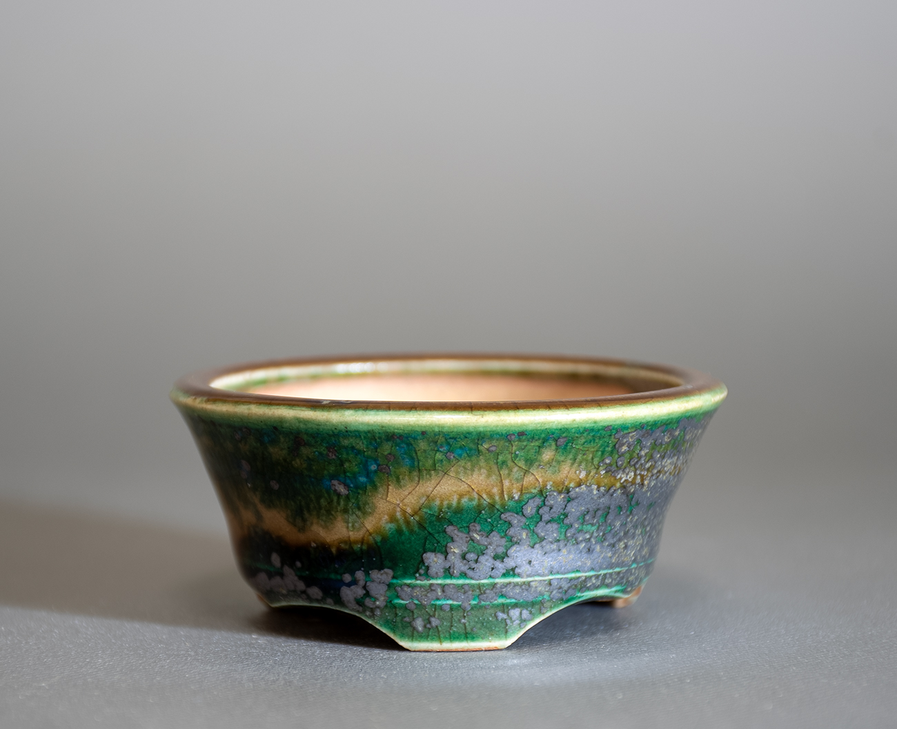 織部釉丸盆栽鉢（Oribe glaze bonsai pot）p1251-1・Syoko Kunii bonsai pot of Best Selection｜國井正子盆栽鉢作家のベストセレクション