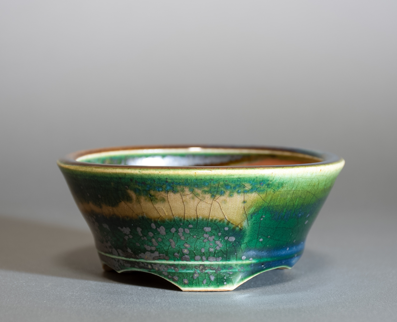 織部釉丸盆栽鉢（Oribe glaze bonsai pot）p1266-1・Syoko Kunii bonsai pot of Best Selection｜國井正子盆栽鉢作家のベストセレクション