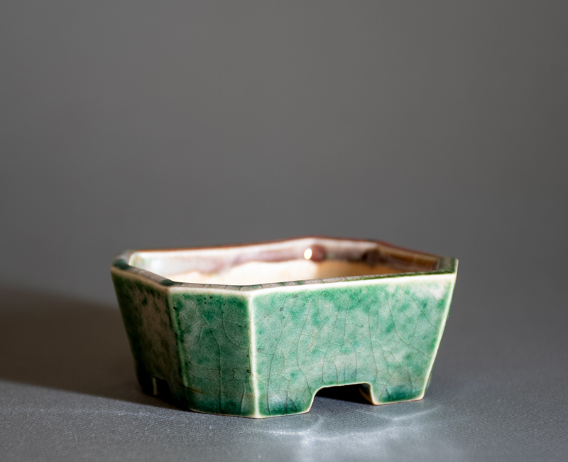 織部釉長方盆栽鉢（Oribe glaze bonsai pot）p1295-3・Syoko Kunii bonsai pot of Best Selection｜國井正子盆栽鉢作家のベストセレクション